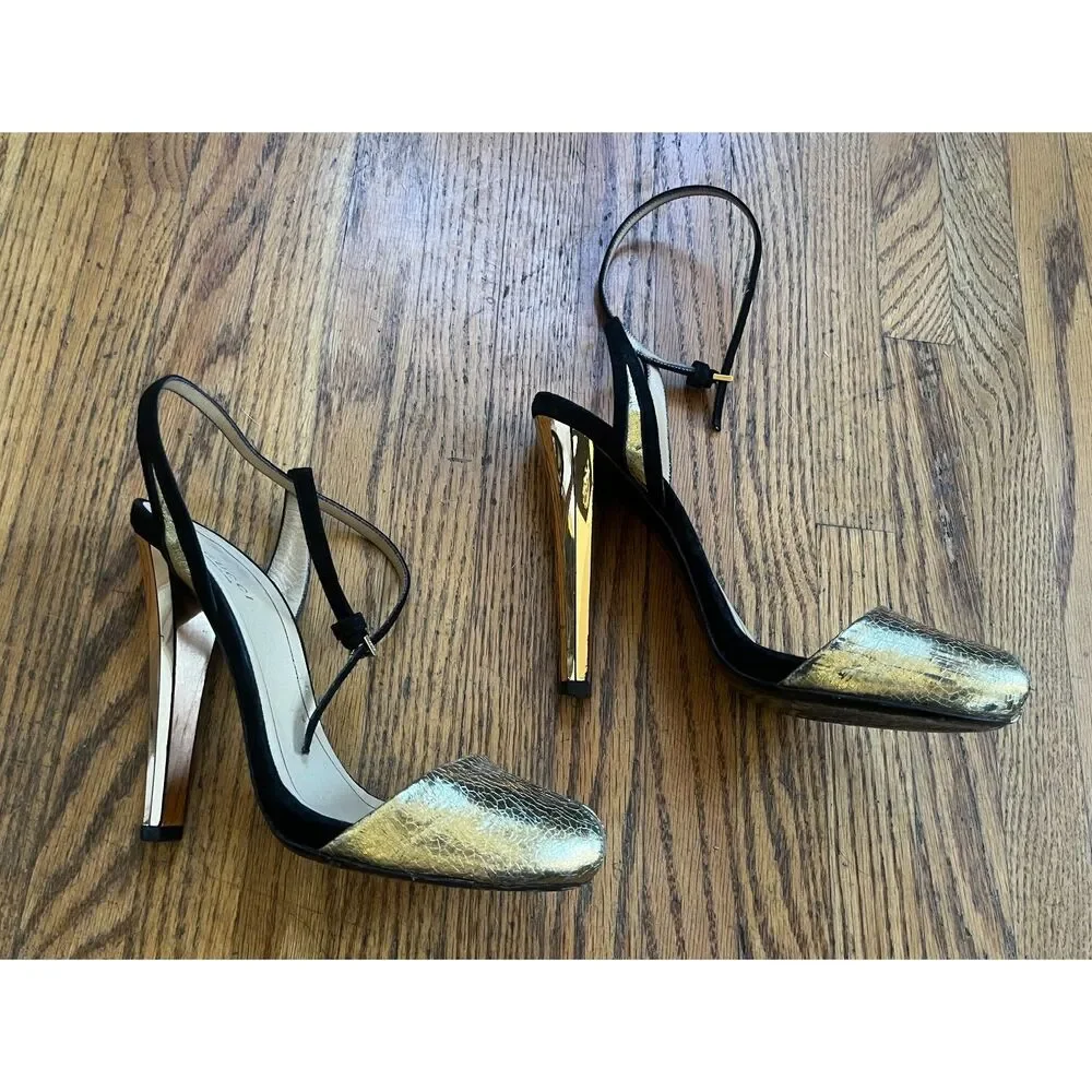 Gucci Gold Leather Peep Toe Heels Shoes  Women's Size EU 37 US 6.5 - Picture 2 of 11